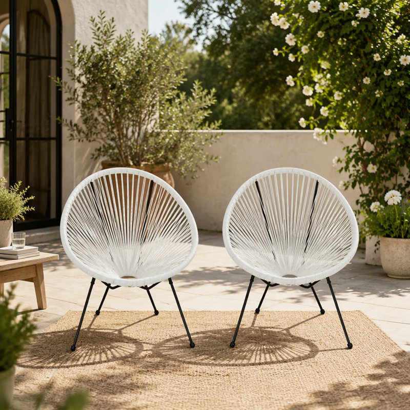 Ensemble de 2 chaises de bistro Anson, chaises d'extérieur en faux rotin avec structure en acier, chaises rondes modernes pour patio, jardin et piscine (blanches)