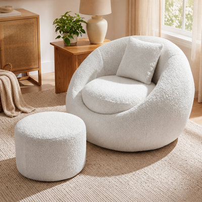 39.4" White Wide Oversized Bouclé Barrel Chair with Ottoman and Lumbar Pillow, Foam-Filled Comfy Lounge Chair for Living Room and Bedroom