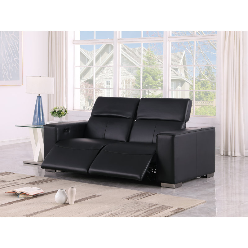 Luxurious Genuine Leather Power Reclining Loveseat With Power Headrest, Black