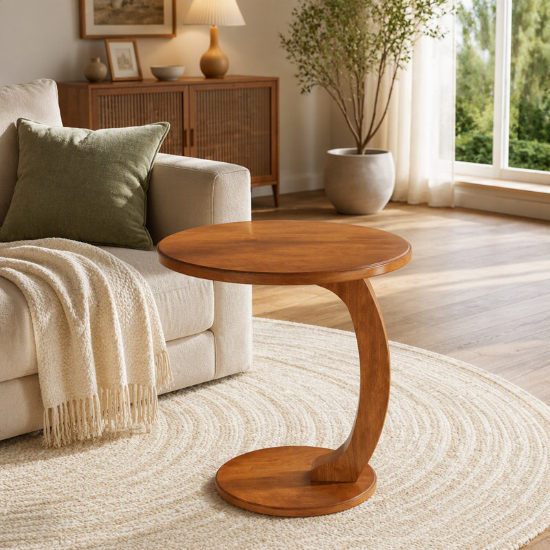Table de bout vintage rétro en forme de C avec placage en bois pour le rangement du canapé et le petit espace