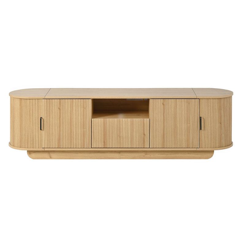 Meuble télé avec tablette ouverte, tiroir, armoires, rangement coulissant caché, coins arrondis, l 70,86 po