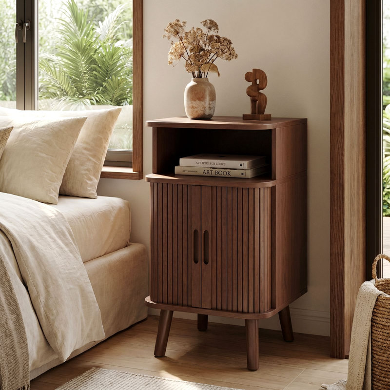 Fluted Nightstand Set, Mid Century Modern End Table 2 PCS With Open Shelf and Cabinet, Curved Round Edge Wooden Bedside Table With Slide Doors, Walnut (Set of 2)