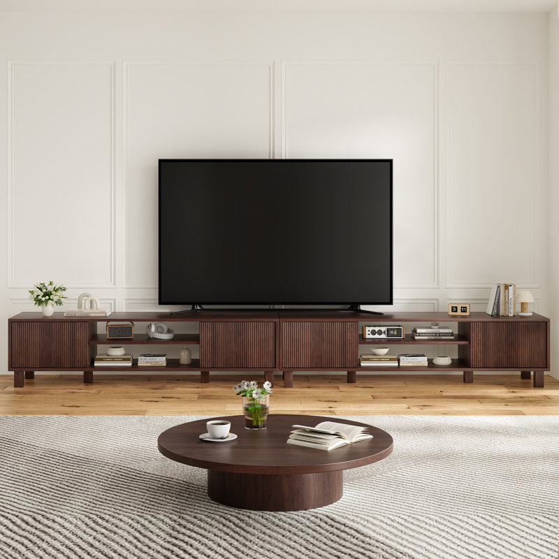 Meuble télé 63 po pour téléviseur, centre de divertissement moderne avec portes coulissantes et tablettes ouvertes, Brown