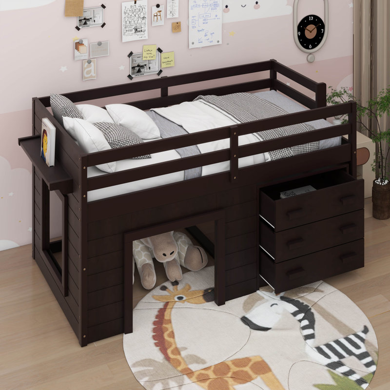 Lit mezzanine simple avec armoire de rangement et tablette, Espresso