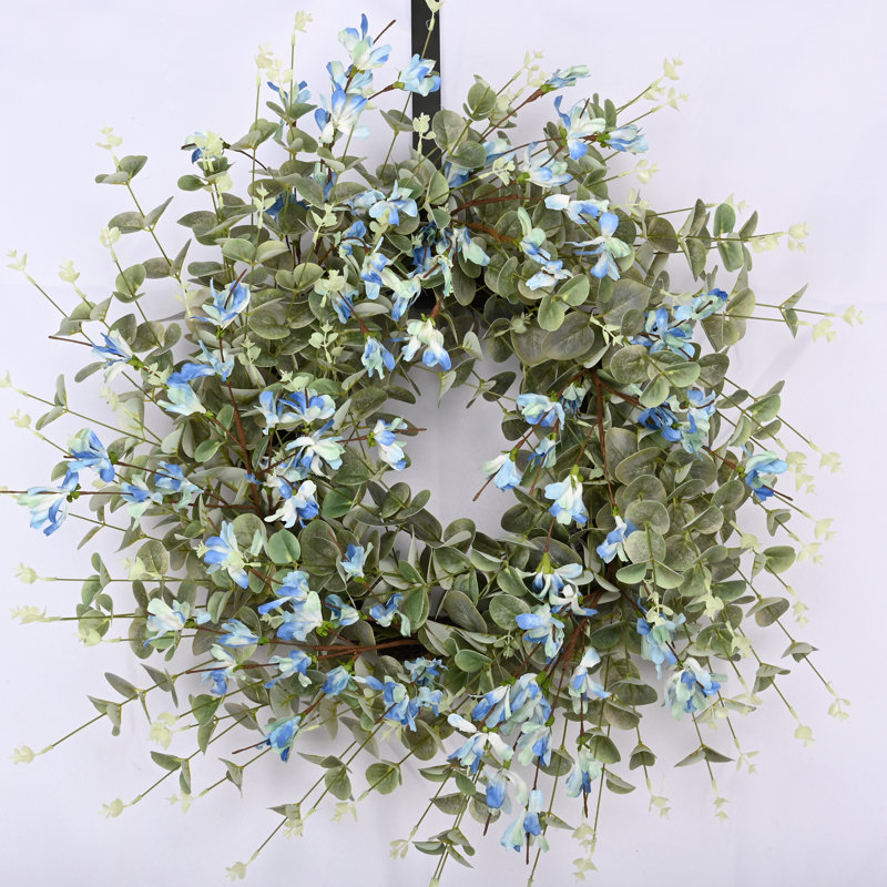 26" Eucalyptus Blossoms Cluster Floral Wreath for Front Door, Blue