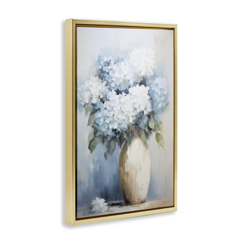 Toile flottante encadrée avec des hortensias blancs et bleus par Gina Kelly, Cadre flottant métallique doré