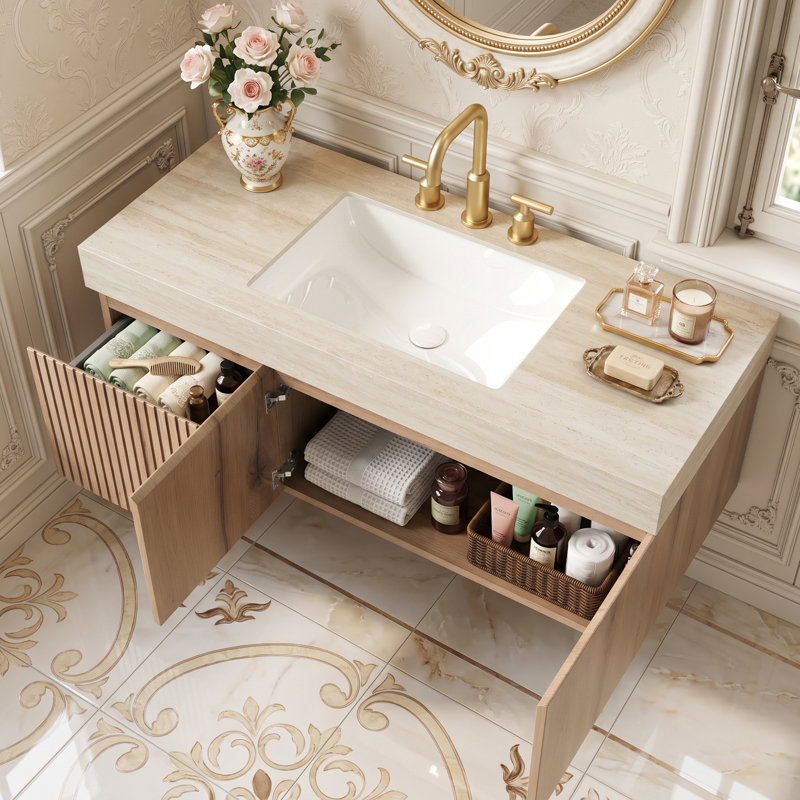 Wall Mounted Single Vanity Bathroom Vanity With Solid Surface Top, White Oak