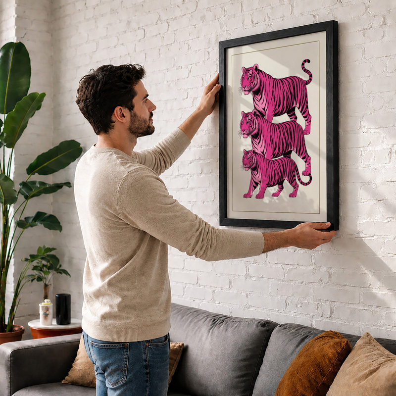 Three Tigers Rising Graphic Art - Framed Print, A3 - 42.0 x 29.7 cm, White