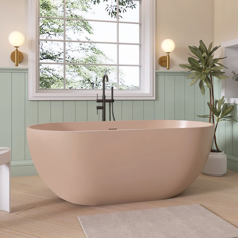 59'' Freestanding Soaking Solid Surface Bathtub, Warm Pink
