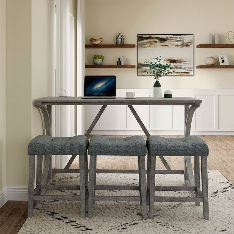 Bar Table Set With Power Outlet, Bar Table And Chairs Set, 4 Piece Dining Table Set, Industrial Breakfast Table Set, For Living Room, Dining Room, Game Room