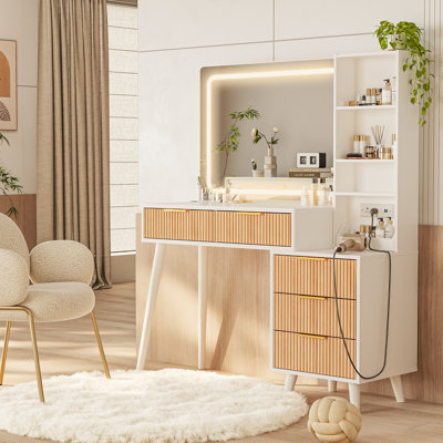 44" Vanity Desk with Mirror and Lights, Makeup Table with Fluted Storage Drawer, Cabinet, 3 LED Lights Modes, Power Outlet for Bedroom