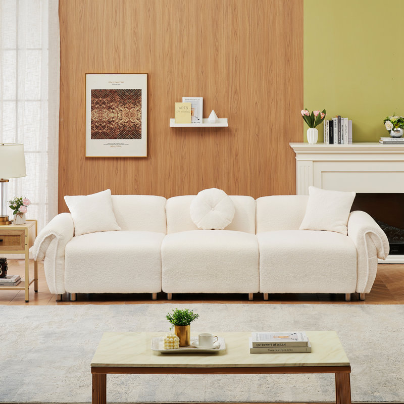 Ivy Bronx 112" Modern Curved Sofa, Back Upholstered Couch with 3 Decorative Throw Pillows, Beige Teddy 1
