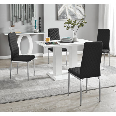 Eubanks High Gloss Double Pillar Dining Table Set with 4 Luxury Faux Leather Dining Chairs