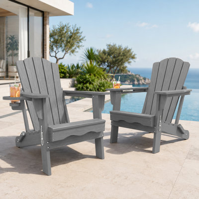 Chaise Adirondack pliante en plastique HDPE gris résistant aux intempéries avec porte-gobelet pour patio et jardin (paquet de 8)