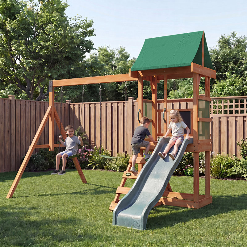 Ensemble de balançoire d'extérieur en bois avec glissade et mur d'escalade - idéal pour les cours et les aires de jeux