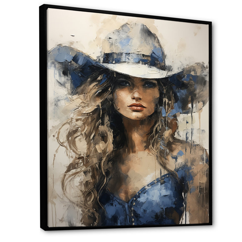 Minimalisme, cow-boy bleu, peinture sur toile, Cadre flottant noir, H 40 po x l 30 po x P 1,5 po