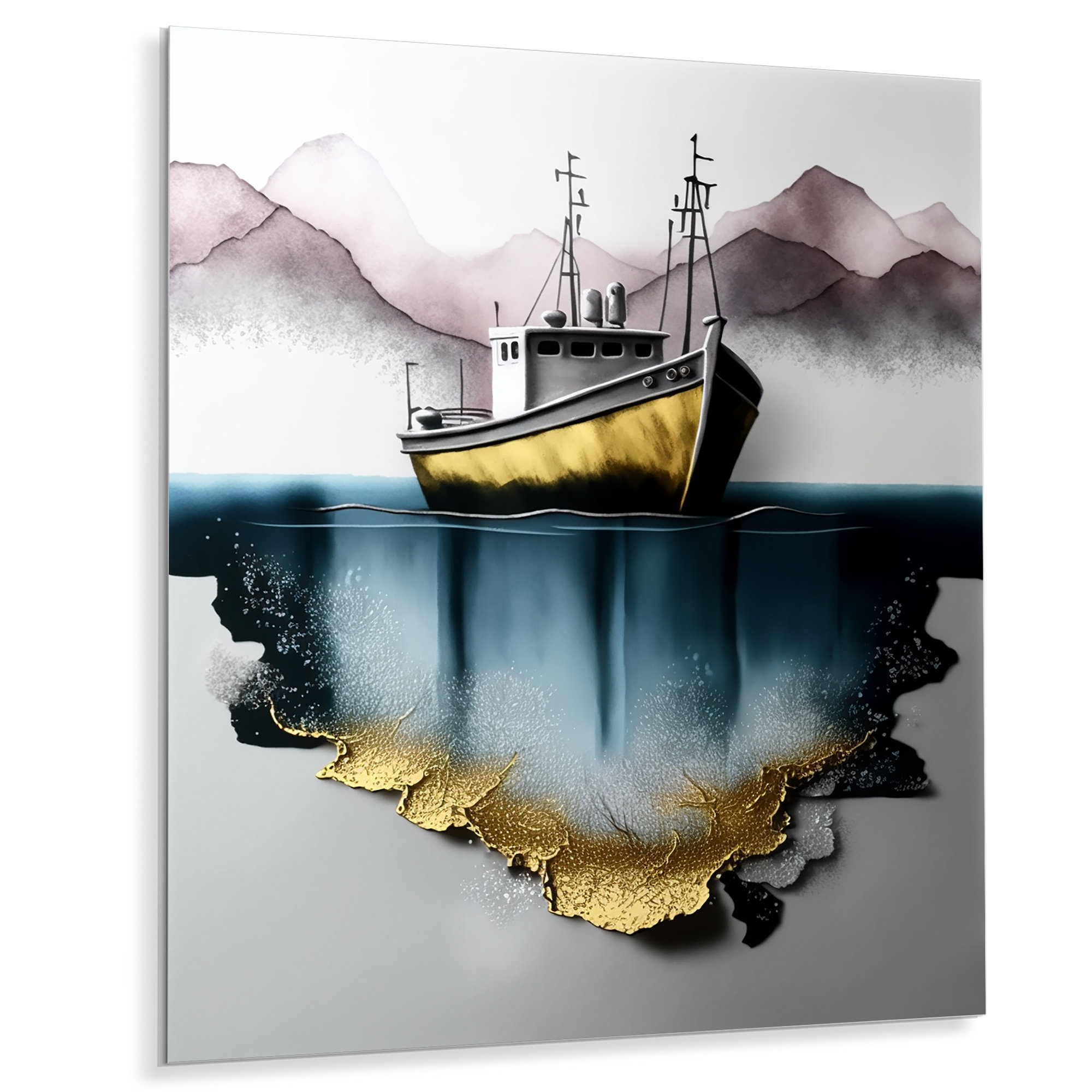 Gold Modern Fishing Boat I - Unframed Print on Metal Breakwater Bay Size: 32 H x 16 W x 1 D