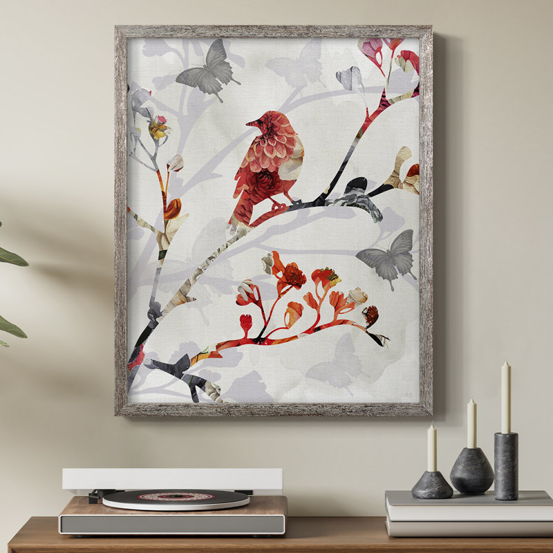 «Bird and Cherry Blossoms I», reproduction encadrée - bois massif, H 11 po x l 9 po