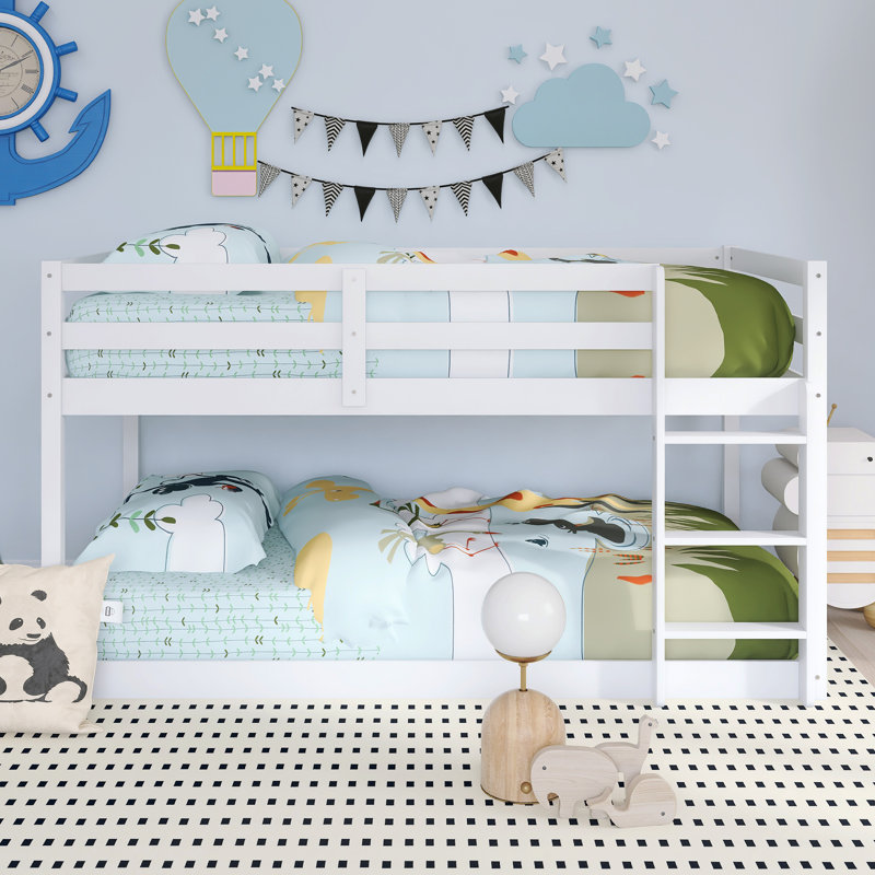 Wood Frame Twin Over Twin Size Bunk Bed With Ladder,Strengthened Slats, White
