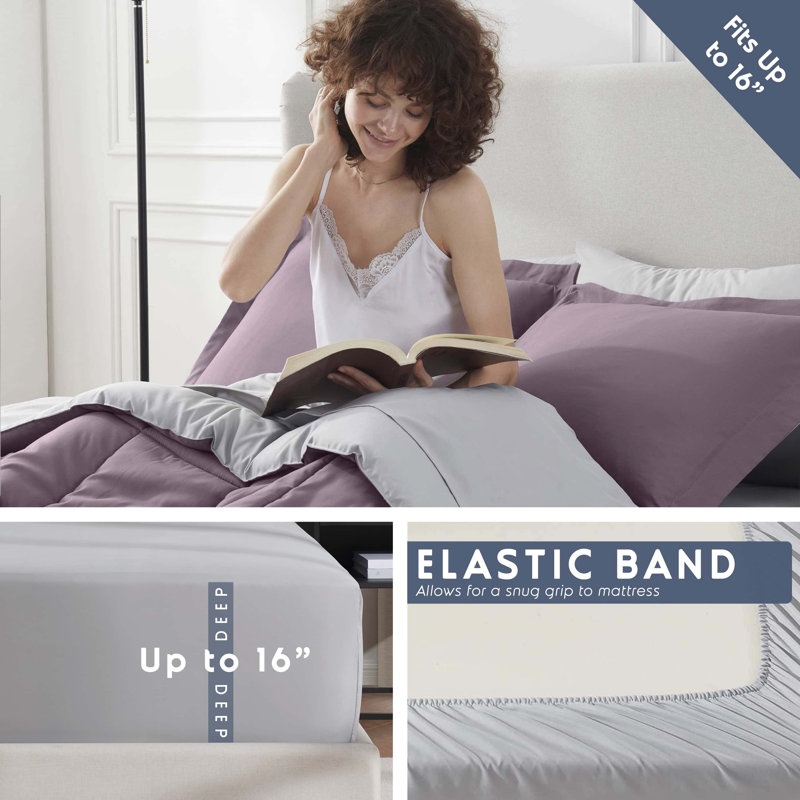 Bed-in-A-Bag Reversible Comforter Set with Bed Sheets & Down Alternative Pillows, Dusty Purple