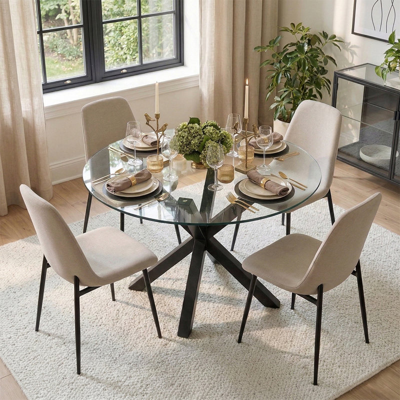4 - Person Dining Table Sets With Glass Round Table & 4 Upholstered Chenille Chairs, Beige