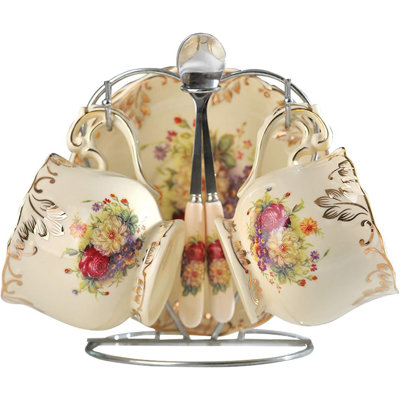 Tea Cups and Saucers Set of 2, Vintage Floral Porcelain Tea Cups with Holder- 8 oz