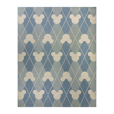 Licensed Disney Mickey Mouse Oasis Blue Modern Argyle Indoor/Outdoor Flatweave Area Rug