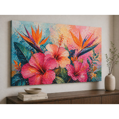 Impression d'art sur toile 24 x 36 pouces, grand jardin tropical, art mural sur toile, Hibiscus exotique, oiseau