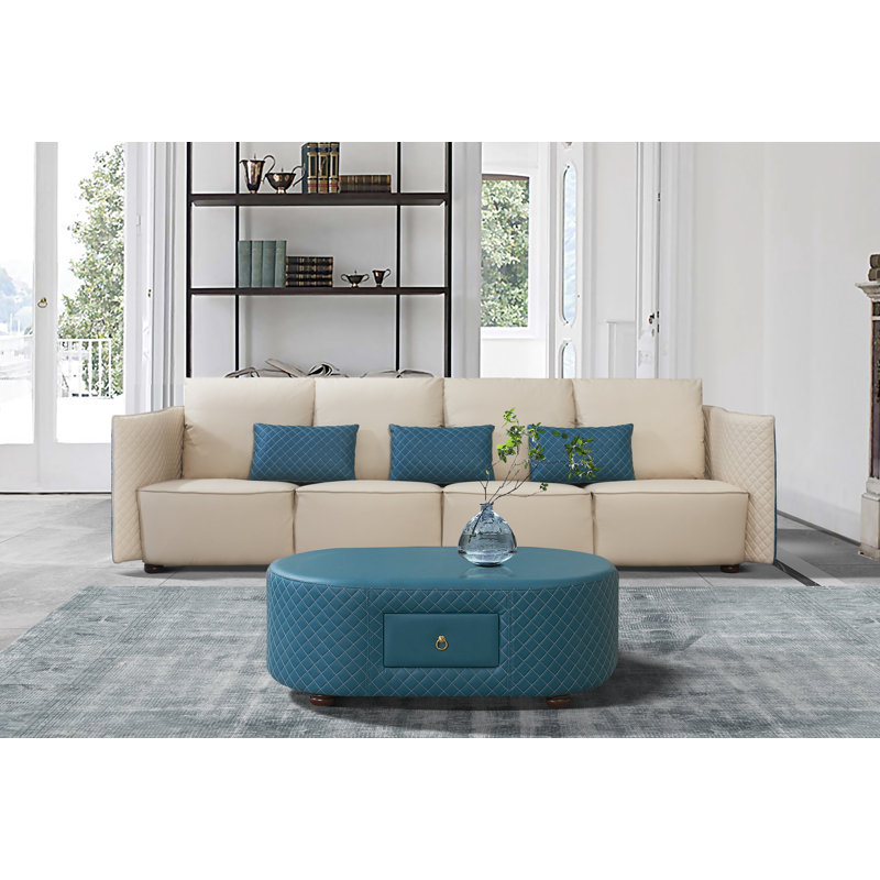Makassar Sofa, Off White/Blue Genuine Leather