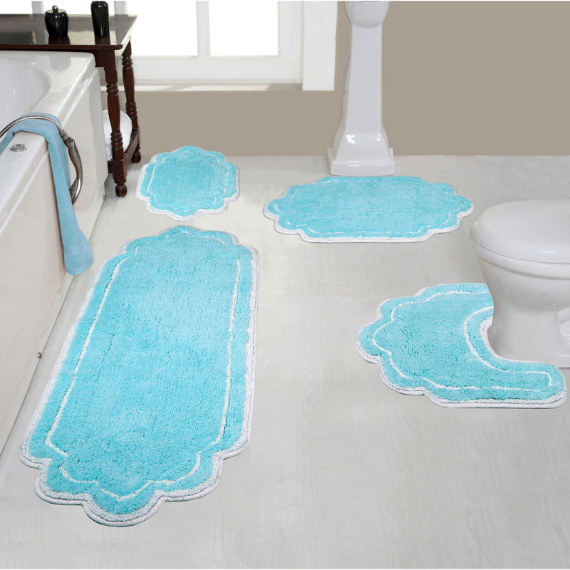 Dobrinsky 100% Cotton Bath Rug and Contour Mat, Machine Washable, Quick Dry, Absorbent - 4 Piece Set, Turquoise
