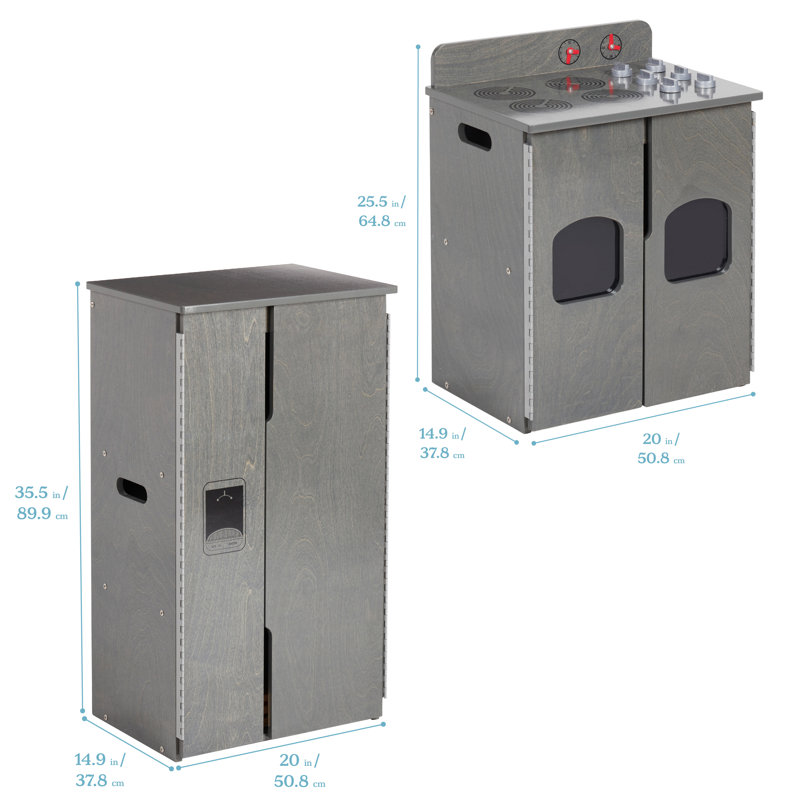 ECR4Kids Play Kitchen Cupboard, Stove, Sink, and Refrigerator, Wooden Playset, 4-Piece, Grey Wash