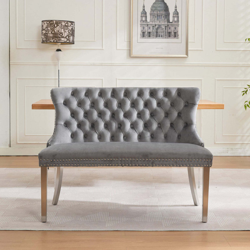 Banc capitonné en velours à deux oreilles avec boutons faits à la main, Gris, Argent