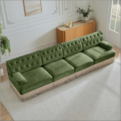 Tissu de velours doux, canapé de style Chesterfield à boutons capitonnés, jupe à pampille, conception combinée modulaire, base en bois de qualité supérieure, mousse à haute résistance et haute résilience facile à assembler, pour le salon