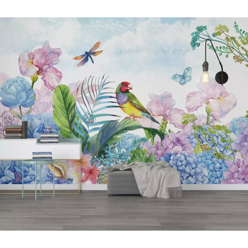 Papier peint amovible avec aquarelle et perroquet coloré, L 105,96 po x l 187 po