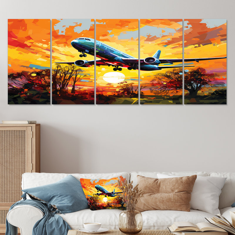 Avion qui décolle au coucher du soleil d'automne - train, art mural sur toile 5 pièces, H 28 po x l 60 po