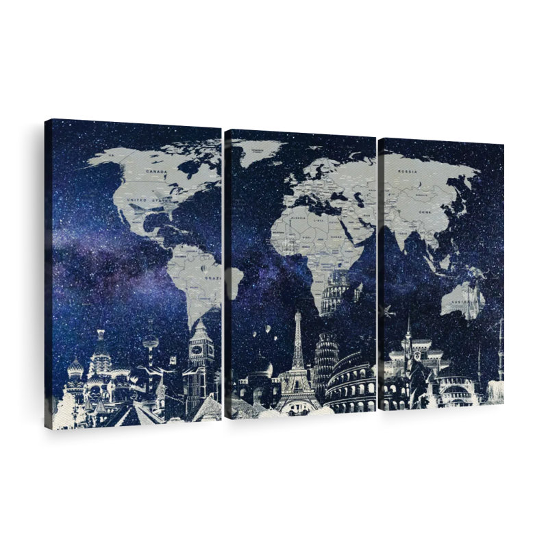 Carte du monde étoilé 3 pièces, H 38 po x l 24 po x P 1,25 po