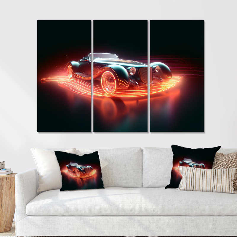 «Neon Light Strips Roadster - Classic Cars», ensemble de reproduction d'art mural, H 40 po x l 60 po x P 1 po