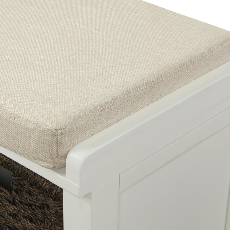 Banc de rangement rustique avec 3 paniers en rotin classiques amovibles, banc de rangement pour hall d'entrée avec coussin amovible (blanc)