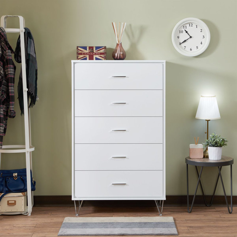 Commode de 5 tiroirs Hursey, Blanc