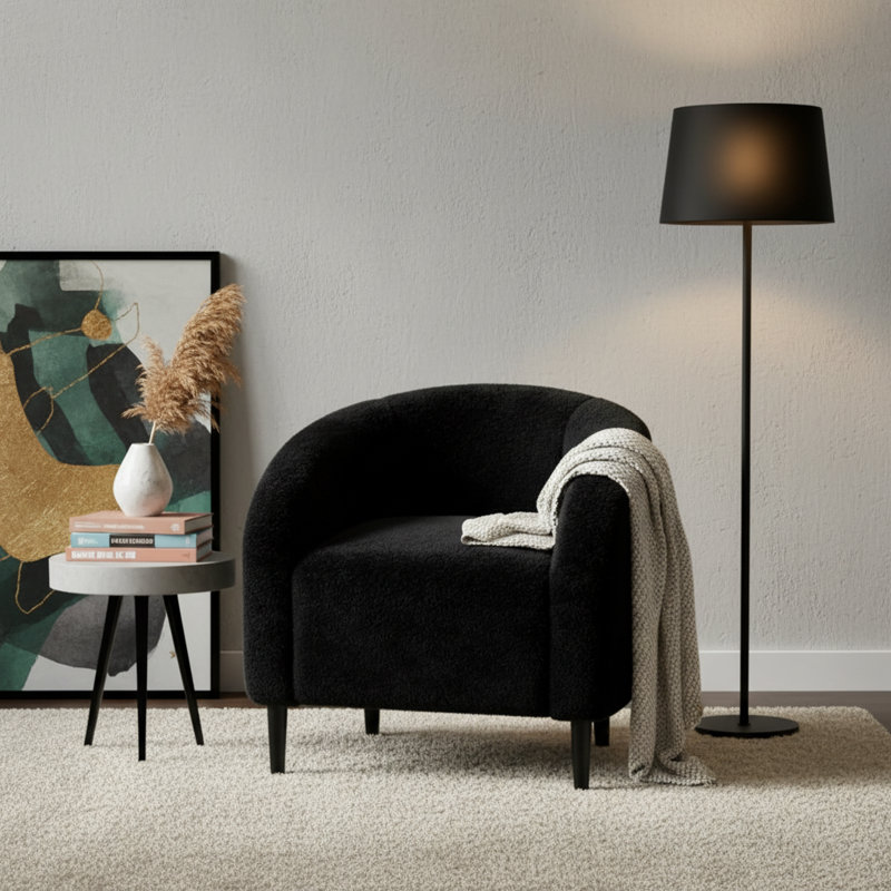 Chaises demi-tonneau en velours avec coussin moelleux, Velours noir