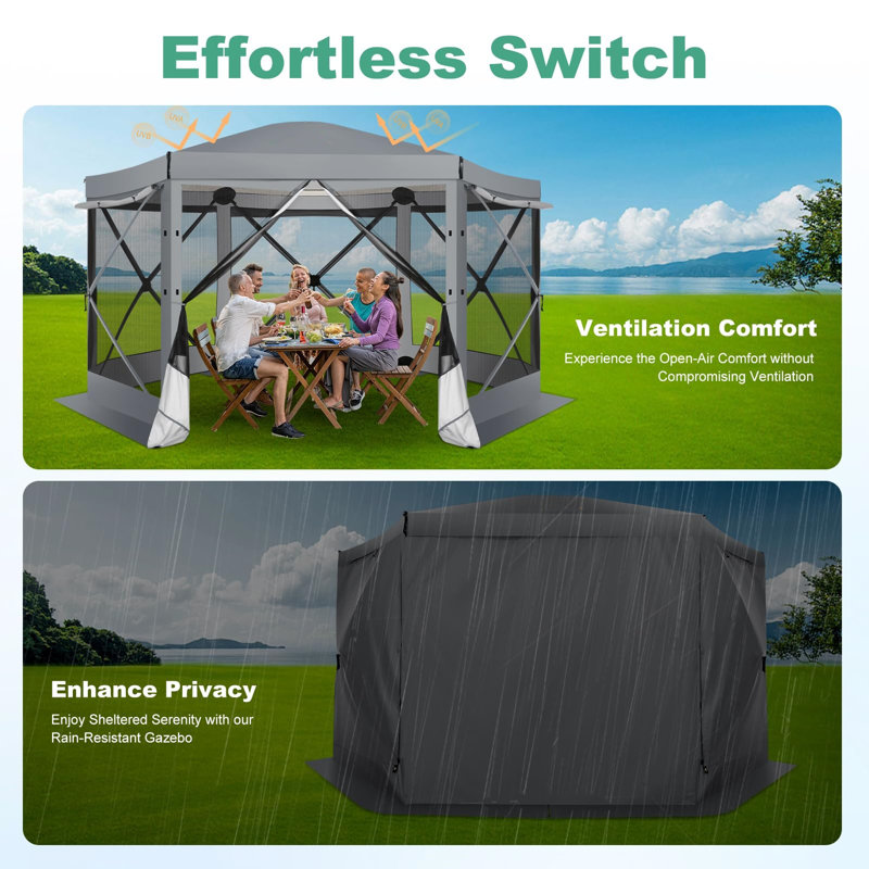 12x12 Pop Up Canopy Gazebo, Outdoor Canopy Tent Screen House with 6 sidewalls and Netting for Camping, Waterproof, UV Resistant, Ez Set-up Party Tent with Carrying Bag and Ground Stakes