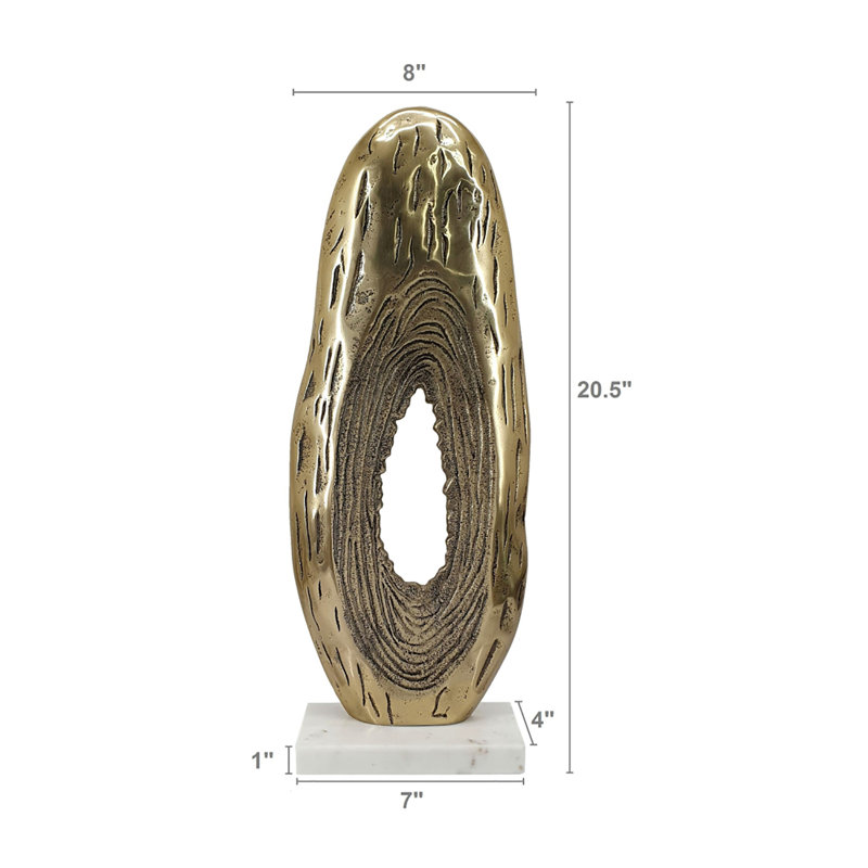 Abstract Aluminum Ring Sculpture on Marble Base  - 8x4x21" - Gold/White