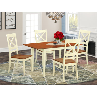 5 Piece Dining Set Includes a Rectangle Dining Room Table with Butterfly Leaf and 4 Wood Seat Chairs, Buttermilk & Cherry