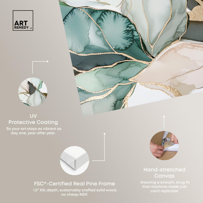 «Pastel Leaves with Gold III», art floral élégant par , H 15 po x l 10 po, Toile tendue