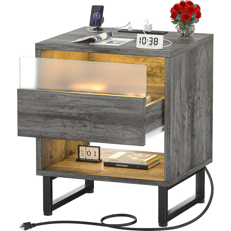 Table de chevet avec station de charge et lumières DEL, table de chevet grise à grande capacité, table de bout avec tiroir, table de chevet moderne avec rangement ouvert pour la chambre à coucher, côté canapé, gris