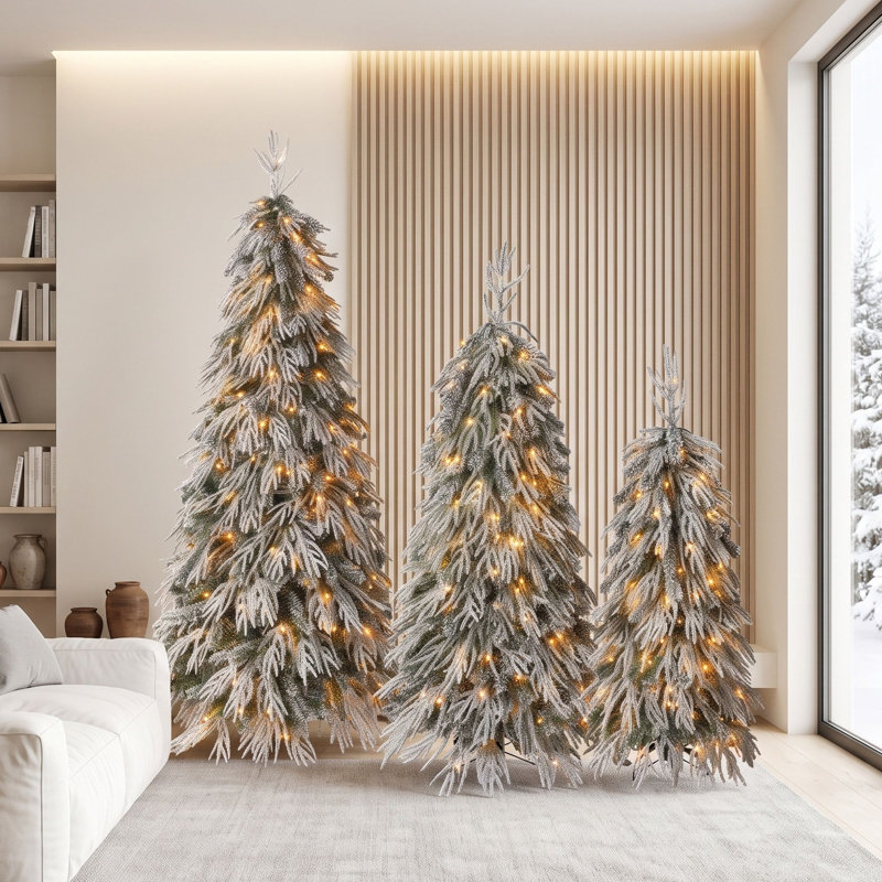 Ensemble d'arbres de Noël 3 pièces avec éclairage à DEL blanc chaud et branches en pleurs pour la décoration intérieure