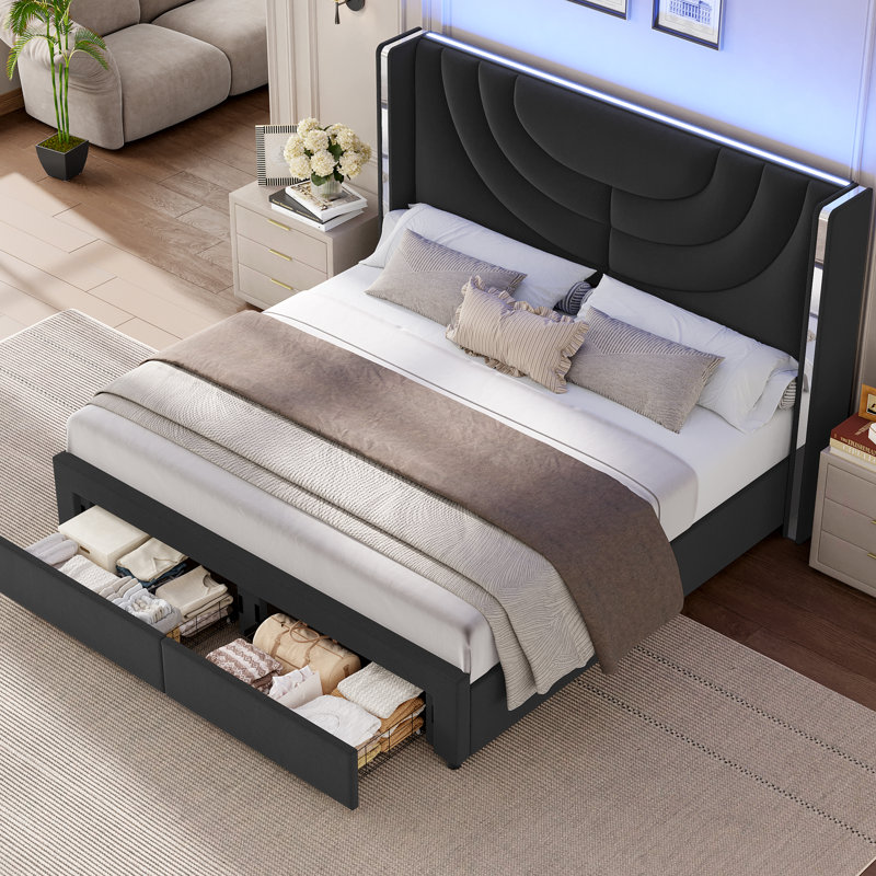 Sturminster Velvet Wingback Upholstered LED Light 2 Drawer Storage Bed, Queen, Black
