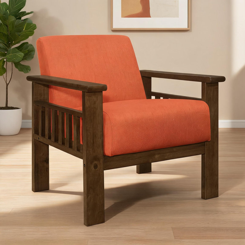 Pour le salon et la chambre à coucher, cette chaise avec accoudoirs en tissu orange classique est dotée d'un cadre moderne en bois massif.
