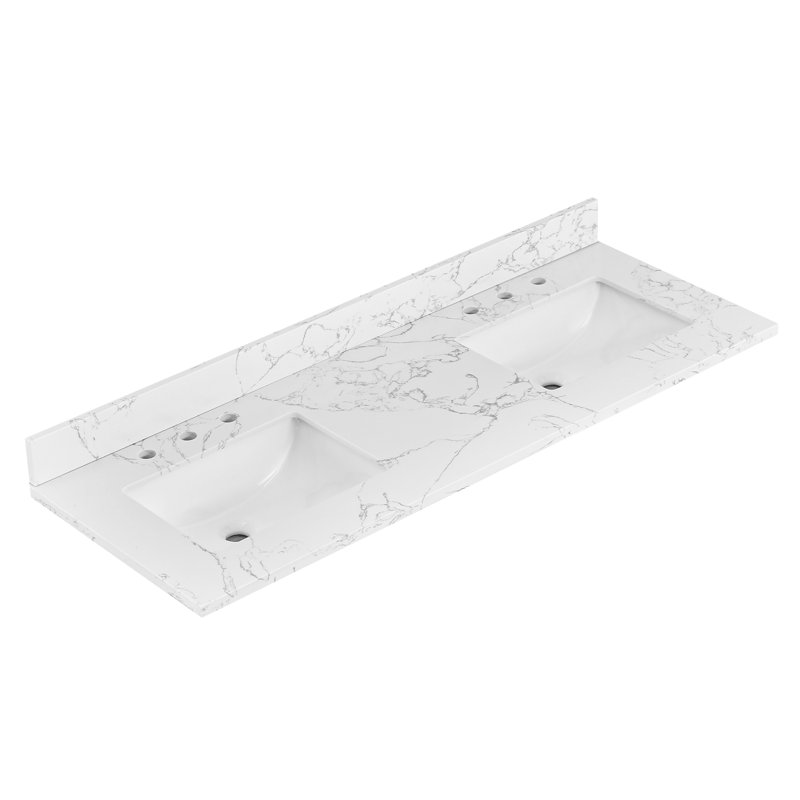 Comptoir-lavabo en pierre reconstituée de 152 cm (60 po) avec double vasque en céramique et dosseret.
