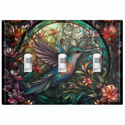 Metal Light Switch Plate Outlet Cover (Beautiful Humming Bird Green Flower - Triple Toggle)